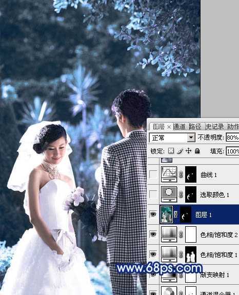 ‘Photoshop将树林婚片调成梦幻的纯蓝色‘