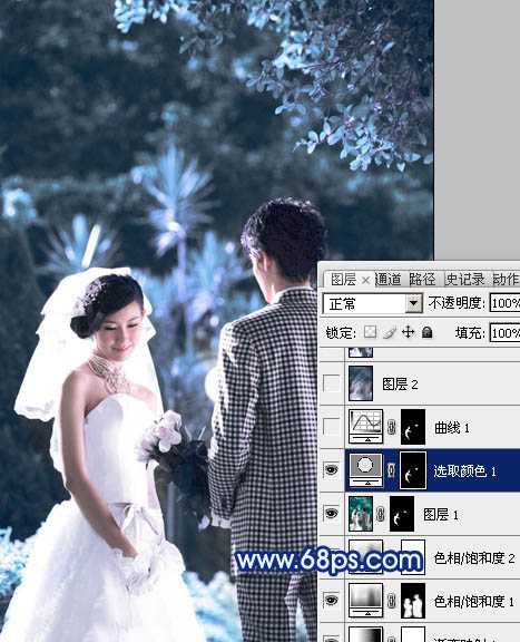 ‘Photoshop将树林婚片调成梦幻的纯蓝色‘