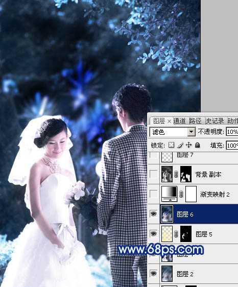 ‘Photoshop将树林婚片调成梦幻的纯蓝色‘