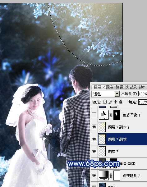 ‘Photoshop将树林婚片调成梦幻的纯蓝色‘