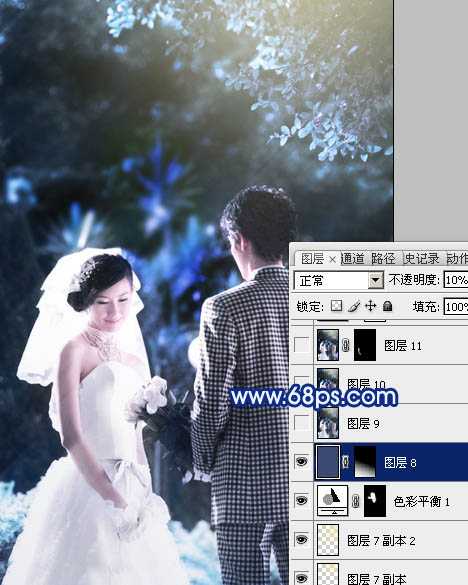 ‘Photoshop将树林婚片调成梦幻的纯蓝色‘
