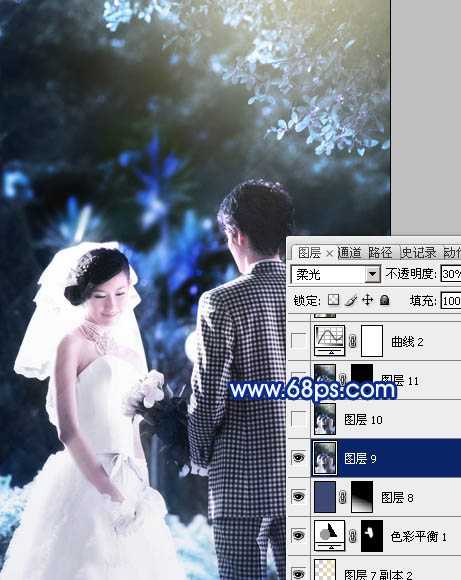 ‘Photoshop将树林婚片调成梦幻的纯蓝色‘