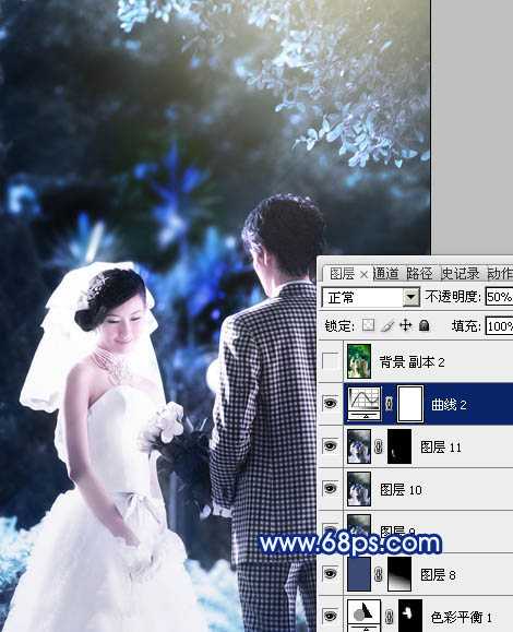 ‘Photoshop将树林婚片调成梦幻的纯蓝色‘