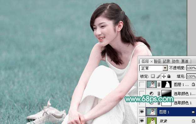 ‘Photoshop将草地人物图片调制出梦幻的青色调效果‘