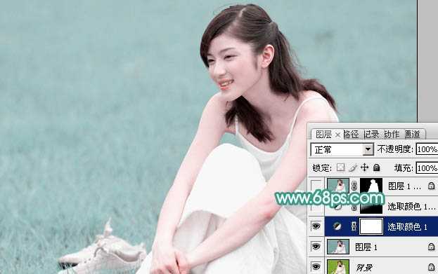 ‘Photoshop将草地人物图片调制出梦幻的青色调效果‘