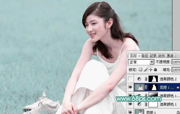 ‘Photoshop将草地人物图片调制出梦幻的青色调效果‘