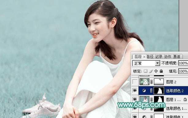‘Photoshop将草地人物图片调制出梦幻的青色调效果‘