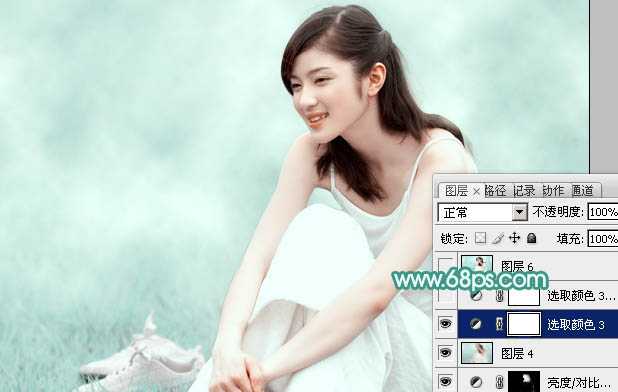‘Photoshop将草地人物图片调制出梦幻的青色调效果‘