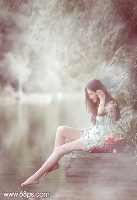 ‘Photoshop将水边的美女加上梦幻的中性淡褐色‘