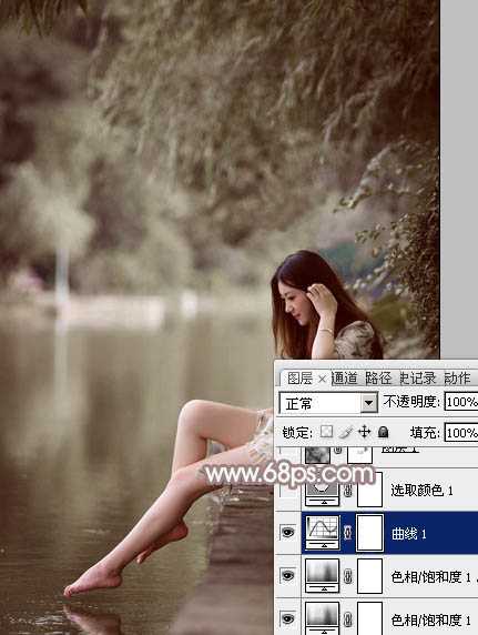 ‘Photoshop将水边的美女加上梦幻的中性淡褐色‘