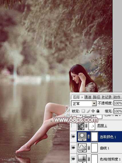 ‘Photoshop将水边的美女加上梦幻的中性淡褐色‘