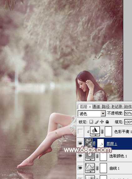 ‘Photoshop将水边的美女加上梦幻的中性淡褐色‘