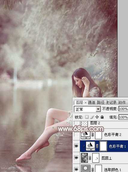 ‘Photoshop将水边的美女加上梦幻的中性淡褐色‘