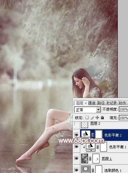 ‘Photoshop将水边的美女加上梦幻的中性淡褐色‘