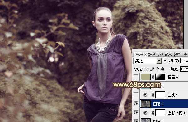 ‘Photoshop将外景人物图片调成流行的黄绿中性色‘