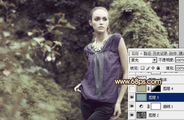 ‘Photoshop将外景人物图片调成流行的黄绿中性色‘