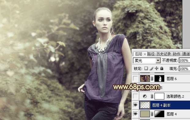 ‘Photoshop将外景人物图片调成流行的黄绿中性色‘
