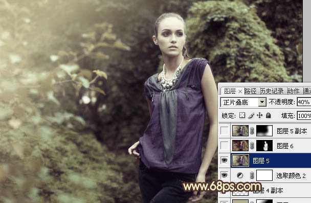 ‘Photoshop将外景人物图片调成流行的黄绿中性色‘