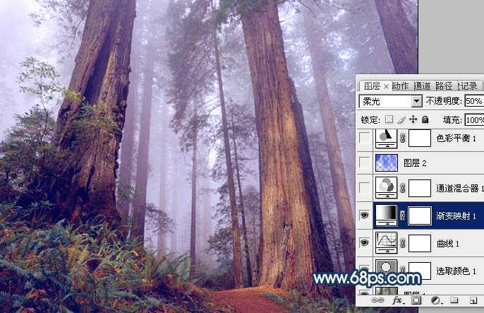 ‘Photoshop制作暗调蓝紫色的森林图片‘