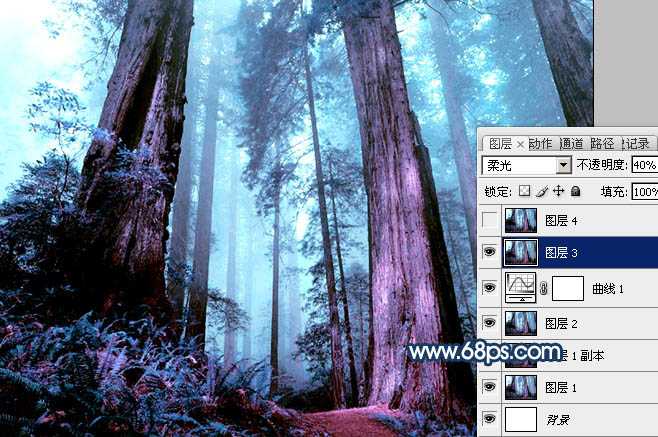 ‘Photoshop制作暗调蓝紫色的森林图片‘