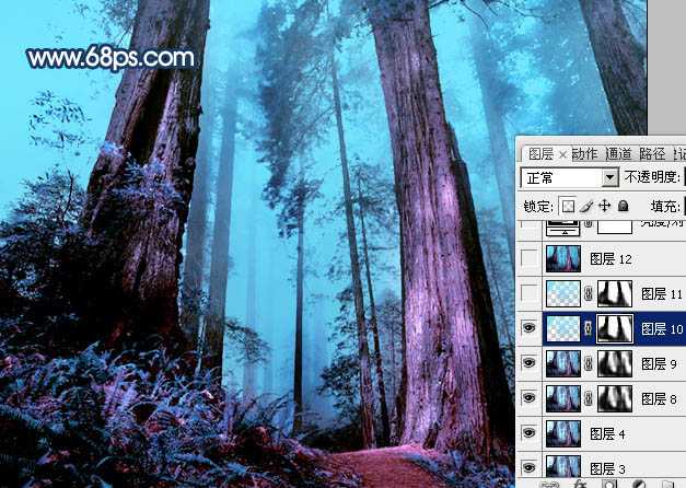 ‘Photoshop制作暗调蓝紫色的森林图片‘