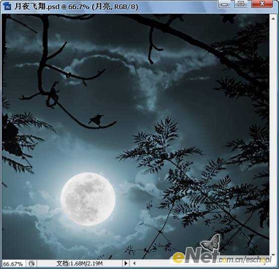 ‘Photoshop合成制作信鸽在阴森恐怖大的月夜下飞翔特效‘