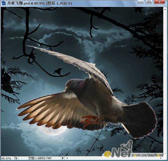 ‘Photoshop合成制作信鸽在阴森恐怖大的月夜下飞翔特效‘