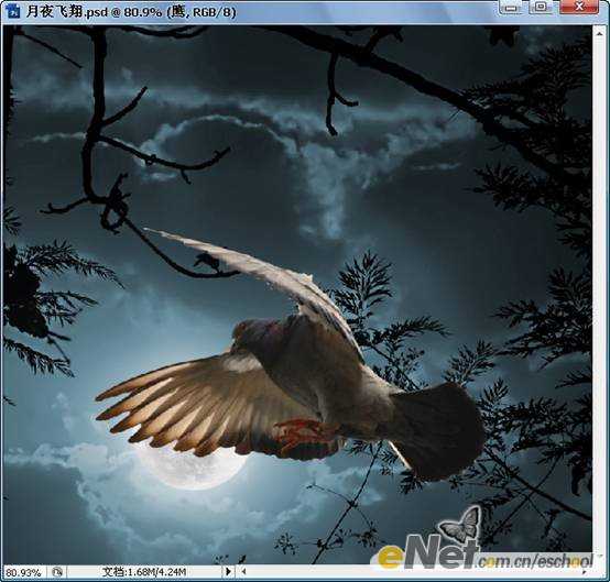 ‘Photoshop合成制作信鸽在阴森恐怖大的月夜下飞翔特效‘