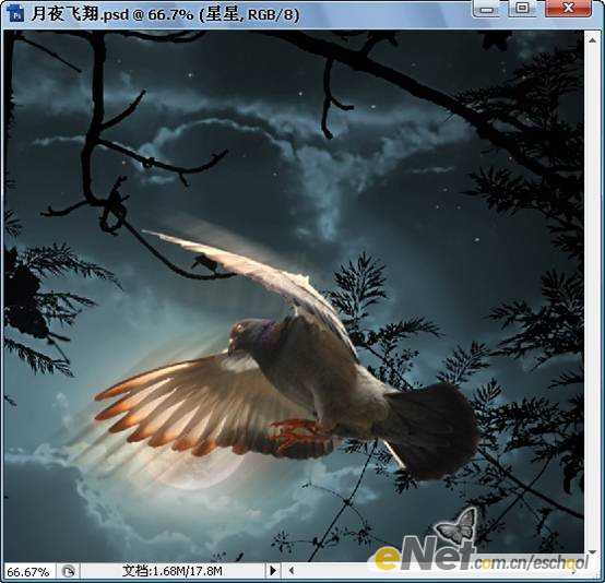 ‘Photoshop合成制作信鸽在阴森恐怖大的月夜下飞翔特效‘