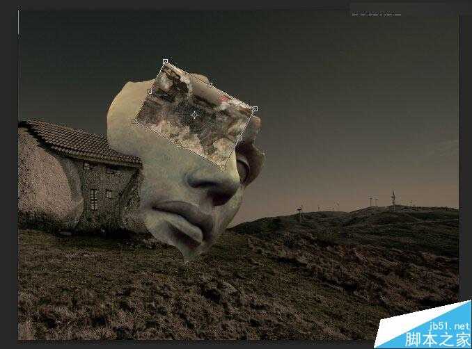 ‘Photoshop合成冷色风格的破损巨石人脸场景效果图‘