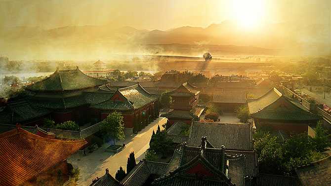 ‘Photoshop将给古建筑图片加上朦胧的霞光烟雾效果效果‘