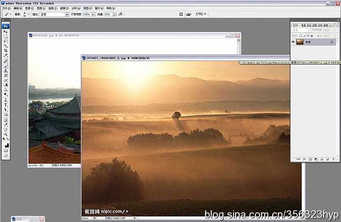 photoshop将给古建筑图片加上朦胧的霞光烟雾效果效果