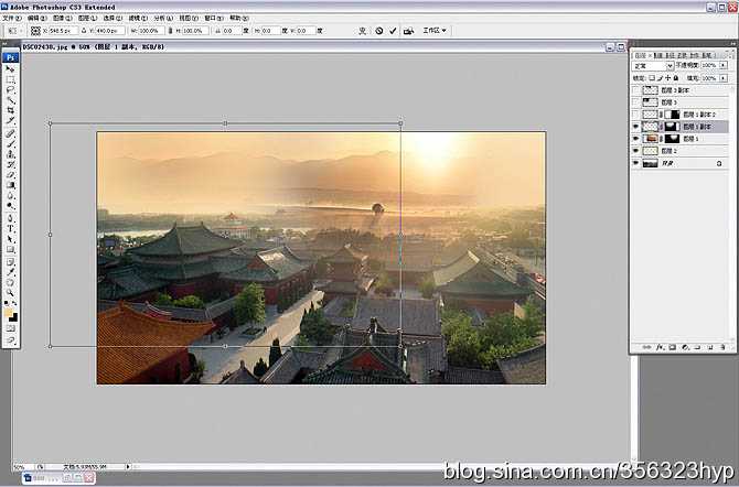 ‘Photoshop将给古建筑图片加上朦胧的霞光烟雾效果效果‘