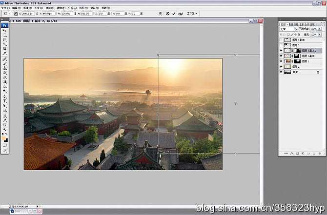 ‘Photoshop将给古建筑图片加上朦胧的霞光烟雾效果效果‘