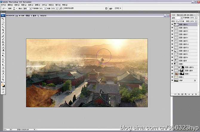 ‘Photoshop将给古建筑图片加上朦胧的霞光烟雾效果效果‘
