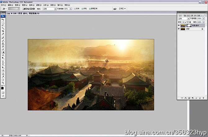 ‘Photoshop将给古建筑图片加上朦胧的霞光烟雾效果效果‘