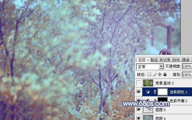 ‘Photoshop为树林人物图片增加上唯美的韩系淡蓝色效果‘