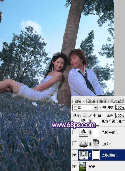 ‘Photoshop调出浪漫的星空背景草地情侣图片‘