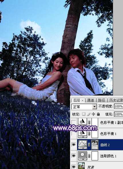 ‘Photoshop调出浪漫的星空背景草地情侣图片‘