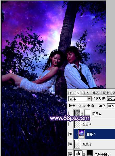 ‘Photoshop调出浪漫的星空背景草地情侣图片‘