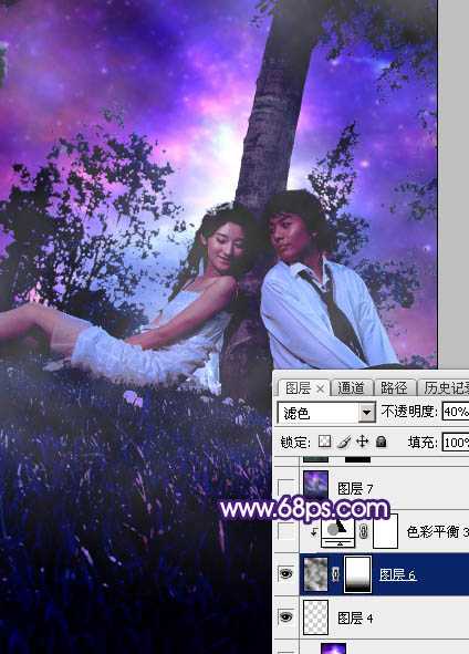 ‘Photoshop调出浪漫的星空背景草地情侣图片‘