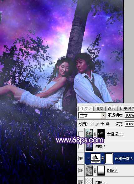 ‘Photoshop调出浪漫的星空背景草地情侣图片‘