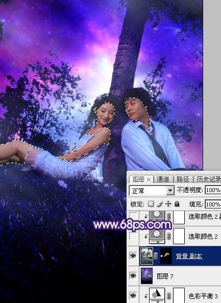 ‘Photoshop调出浪漫的星空背景草地情侣图片‘