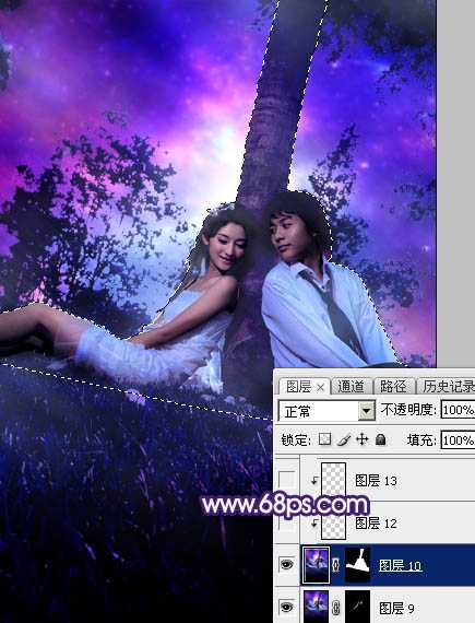 ‘Photoshop调出浪漫的星空背景草地情侣图片‘