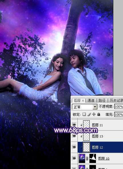 ‘Photoshop调出浪漫的星空背景草地情侣图片‘