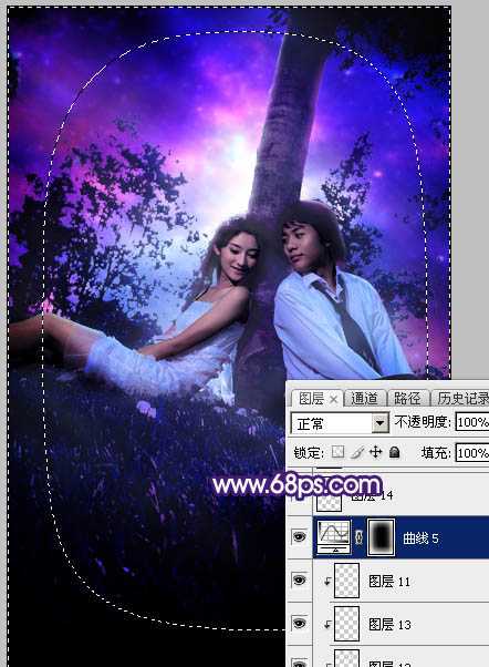‘Photoshop调出浪漫的星空背景草地情侣图片‘