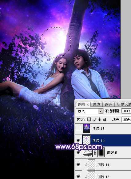 ‘Photoshop调出浪漫的星空背景草地情侣图片‘