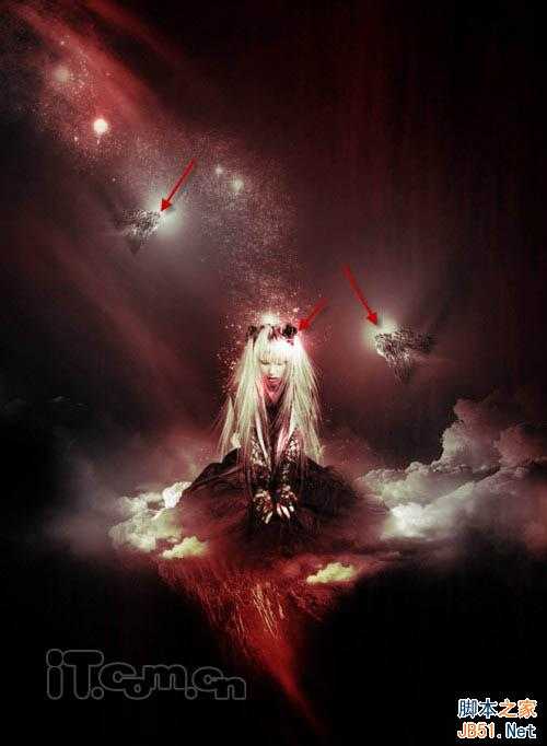 ‘用PS合成坐在火焰云彩上的魔法女孩照片‘