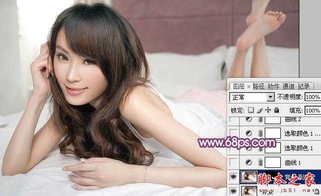 ‘Photoshop为室内性感美女加上柔美的韩系淡红色‘
