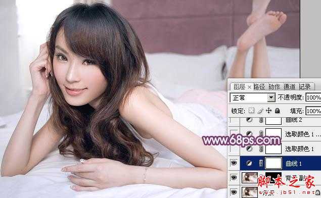 ‘Photoshop为室内性感美女加上柔美的韩系淡红色‘